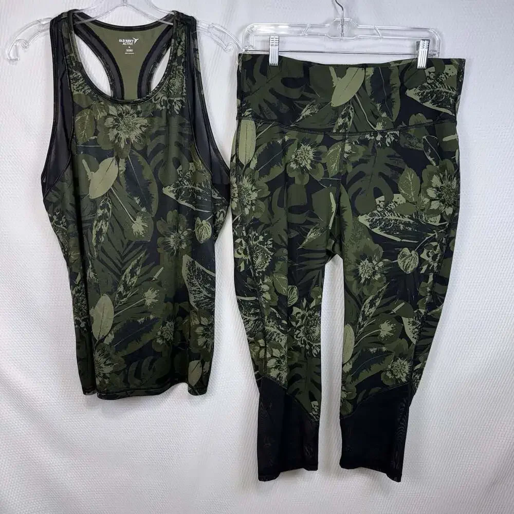Old Navy Active Go-Dry Razor Tank & Leggings Set Green Leaf Women's X-Large